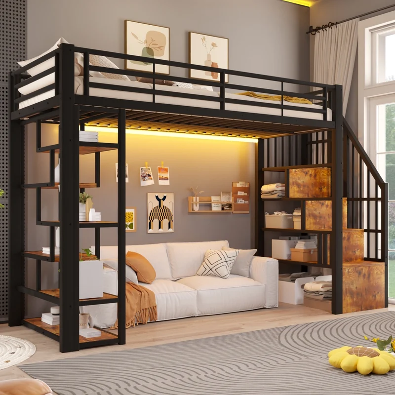 Letto a soppalco 90x200 per bambini con scala integrata; struttura in metallo e MDF; LED e vani portaoggetti; nero