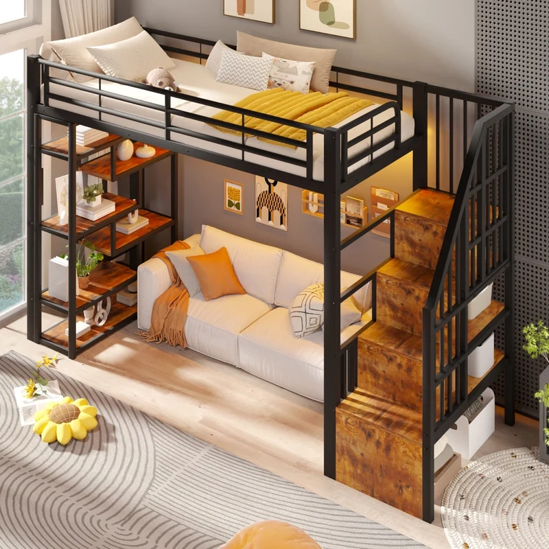 Letto a soppalco 90x200 per bambini con scala integrata; struttura in metallo e MDF; LED e vani portaoggetti; nero