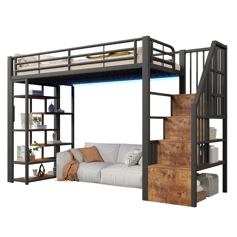 Letto a soppalco 90x200 per bambini con scala integrata; struttura in metallo e MDF; LED e vani portaoggetti; nero