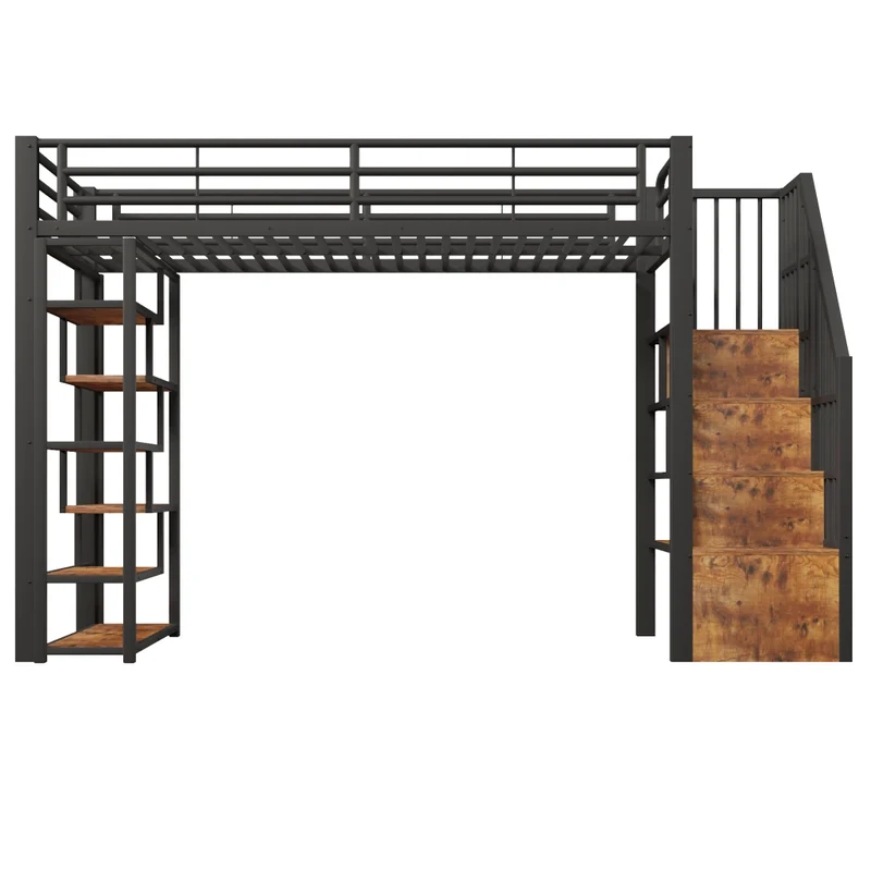 Letto a soppalco 90x200 per bambini con scala integrata; struttura in metallo e MDF; LED e vani portaoggetti; nero