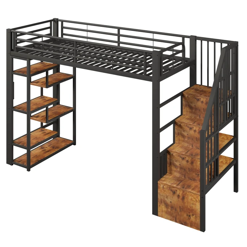Letto a soppalco 90x200 per bambini con scala integrata; struttura in metallo e MDF; LED e vani portaoggetti; nero