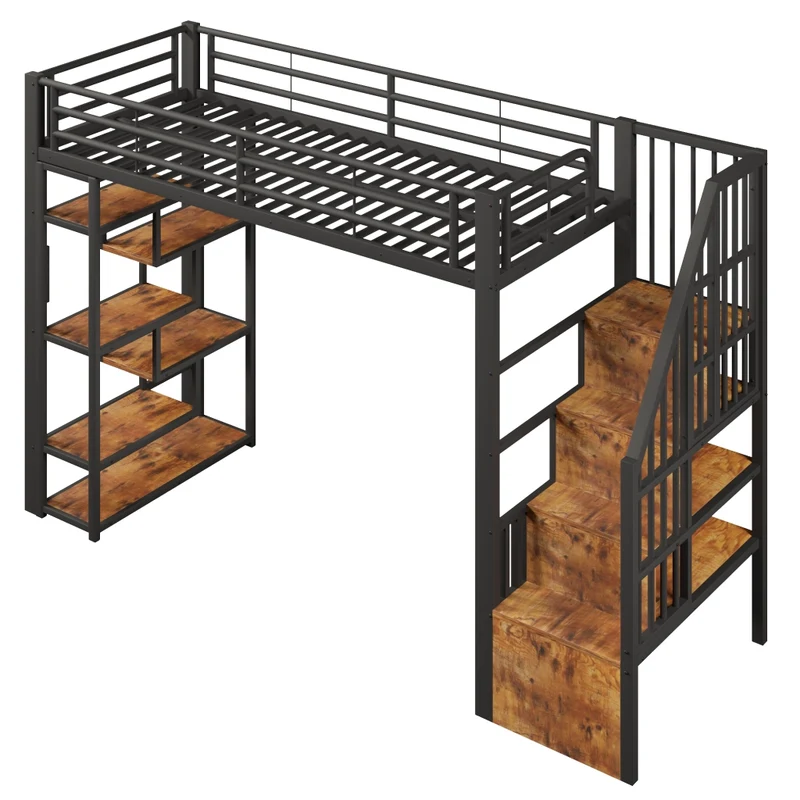 Letto a soppalco 90x200 per bambini con scala integrata; struttura in metallo e MDF; LED e vani portaoggetti; nero