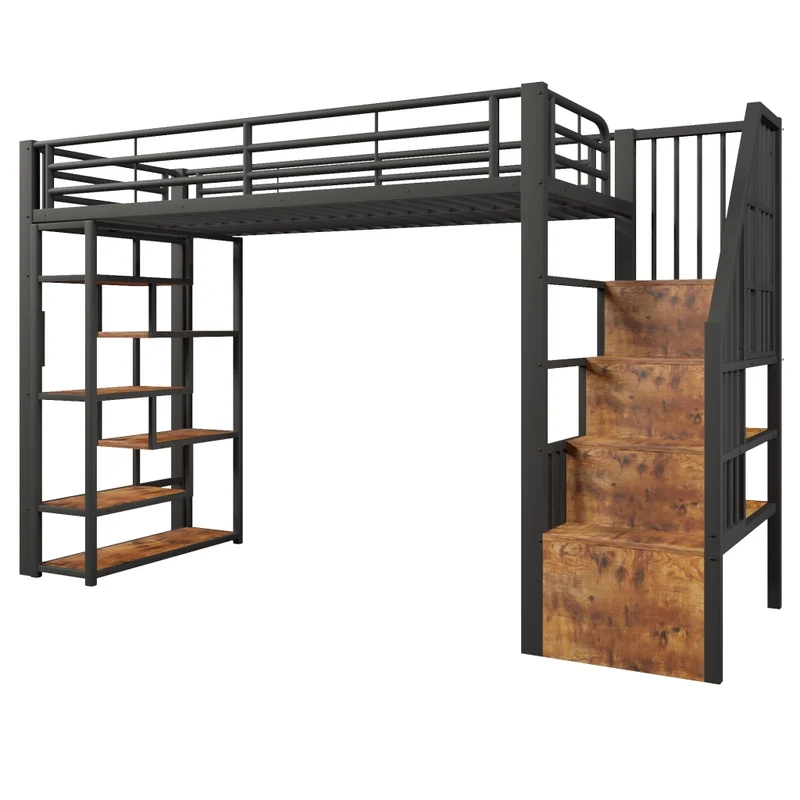 Letto a soppalco 90x200 per bambini con scala integrata; struttura in metallo e MDF; LED e vani portaoggetti; nero