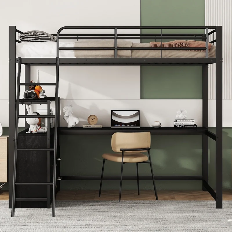 Letto a soppalco 140x200 con scrivania angolare a L; struttura metallo e MDF; 4 cassetti; nero