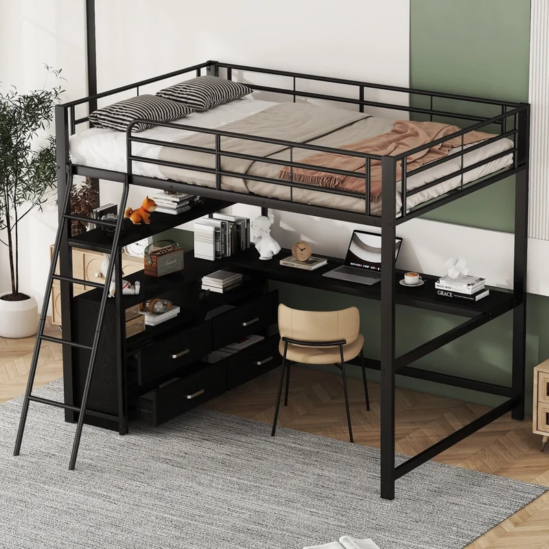 Letto a soppalco 140x200 con scrivania angolare a L; struttura metallo e MDF; 4 cassetti; nero
