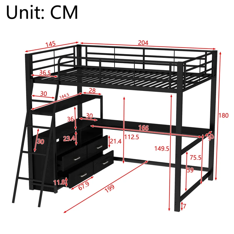 Letto a soppalco 140x200 con scrivania angolare a L; struttura metallo e MDF; 4 cassetti; nero
