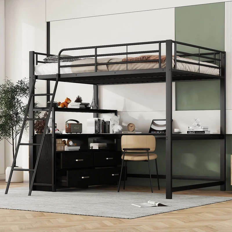 Letto a soppalco 140x200 con scrivania angolare a L; struttura metallo e MDF; 4 cassetti; nero