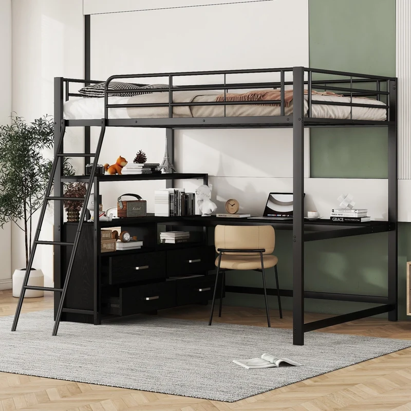 Letto a soppalco 140x200 con scrivania angolare a L; struttura metallo e MDF; 4 cassetti; nero