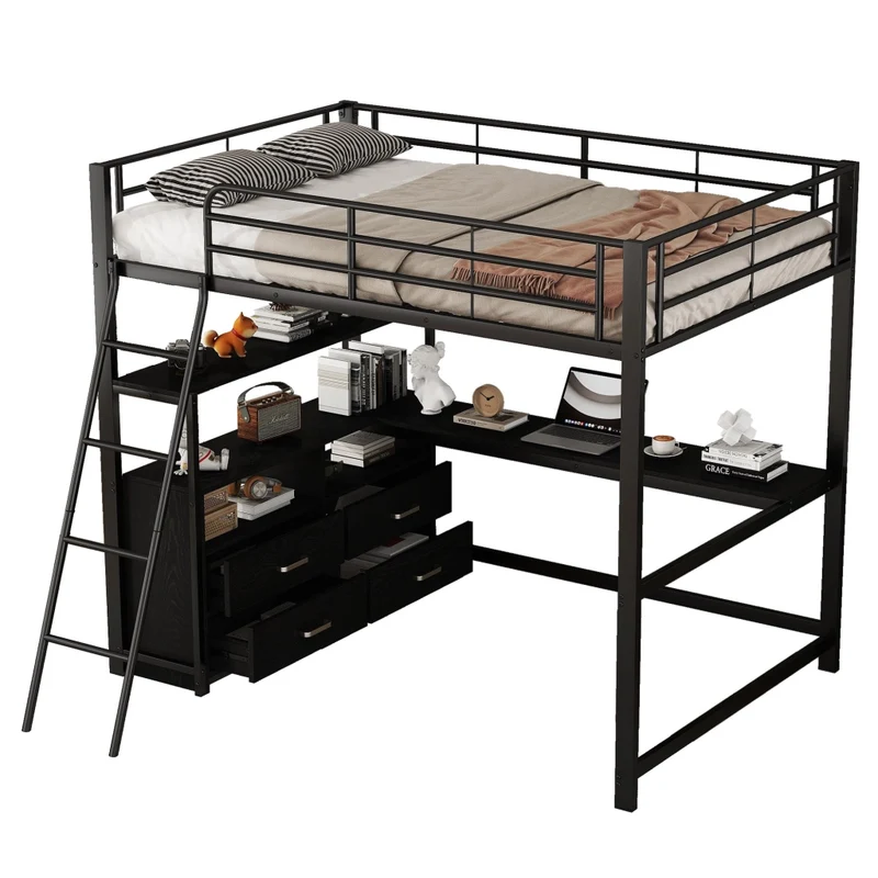 Letto a soppalco 140x200 con scrivania angolare a L; struttura metallo e MDF; 4 cassetti; nero