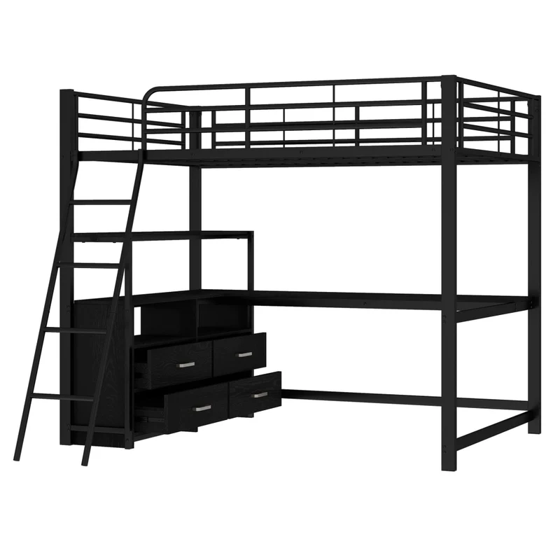 Letto a soppalco 140x200 con scrivania angolare a L; struttura metallo e MDF; 4 cassetti; nero