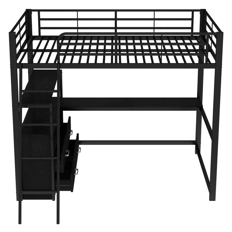 Letto a soppalco 140x200 con scrivania angolare a L; struttura metallo e MDF; 4 cassetti; nero