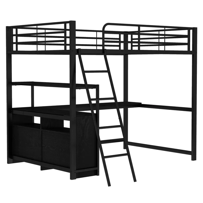 Letto a soppalco 140x200 con scrivania angolare a L; struttura metallo e MDF; 4 cassetti; nero