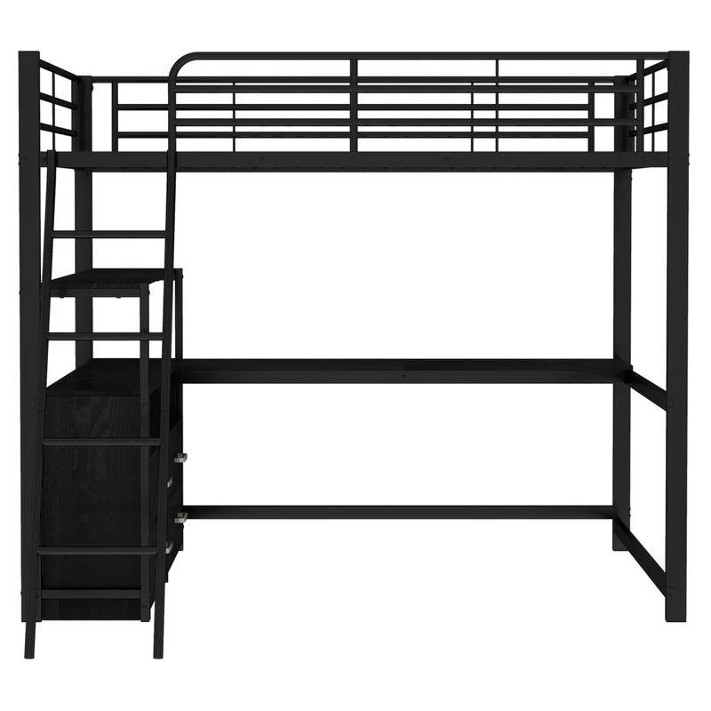 Letto a soppalco 140x200 con scrivania angolare a L; struttura metallo e MDF; 4 cassetti; nero