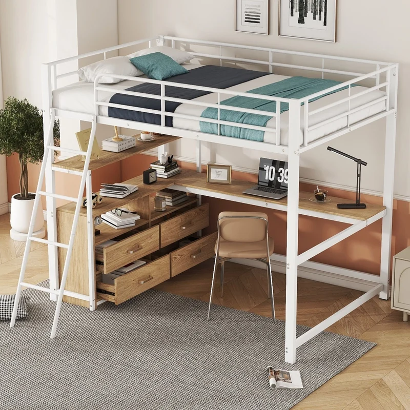 Letto a soppalco 140x200 con scrivania; 4 cassetti; struttura in metallo e MDF bianco