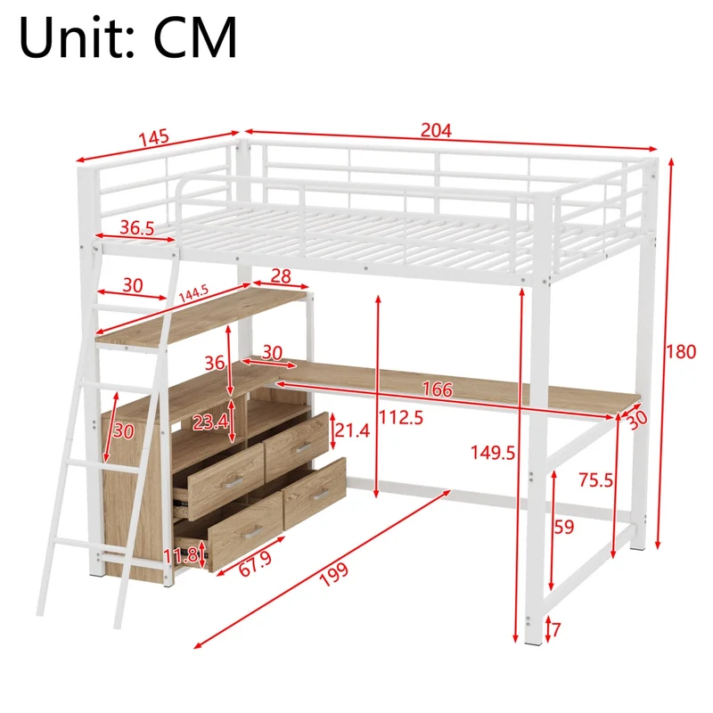 Letto a soppalco 140x200 con scrivania; 4 cassetti; struttura in metallo e MDF bianco