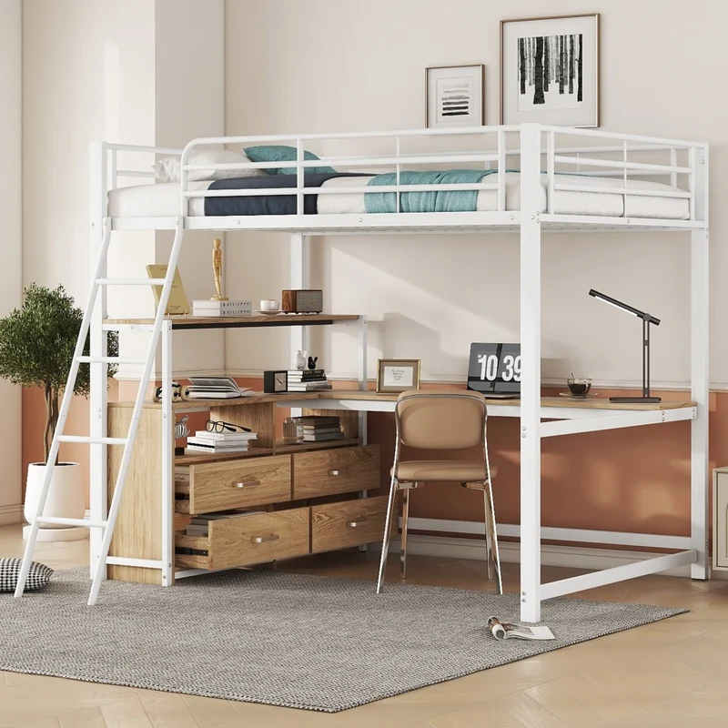 Letto a soppalco 140x200 con scrivania; 4 cassetti; struttura in metallo e MDF bianco