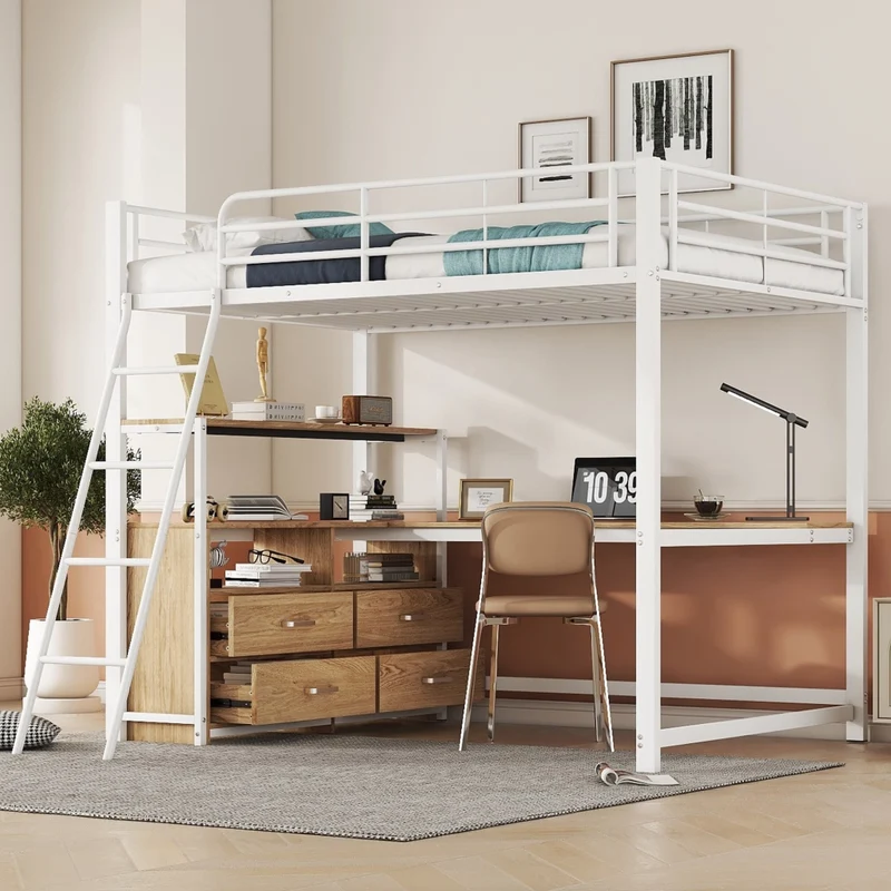Letto a soppalco 140x200 con scrivania; 4 cassetti; struttura in metallo e MDF bianco