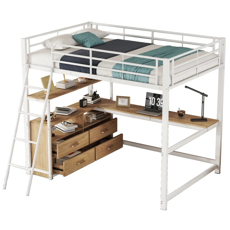 Letto a soppalco 140x200 con scrivania; 4 cassetti; struttura in metallo e MDF bianco