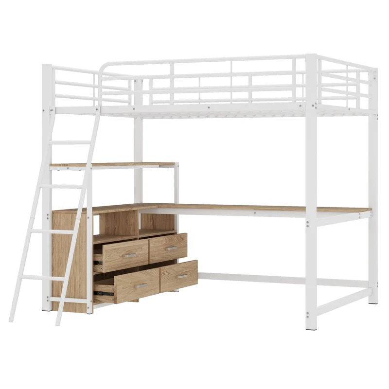 Letto a soppalco 140x200 con scrivania; 4 cassetti; struttura in metallo e MDF bianco
