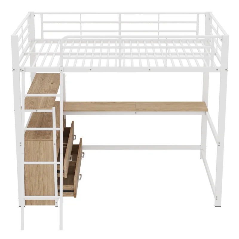 Letto a soppalco 140x200 con scrivania; 4 cassetti; struttura in metallo e MDF bianco