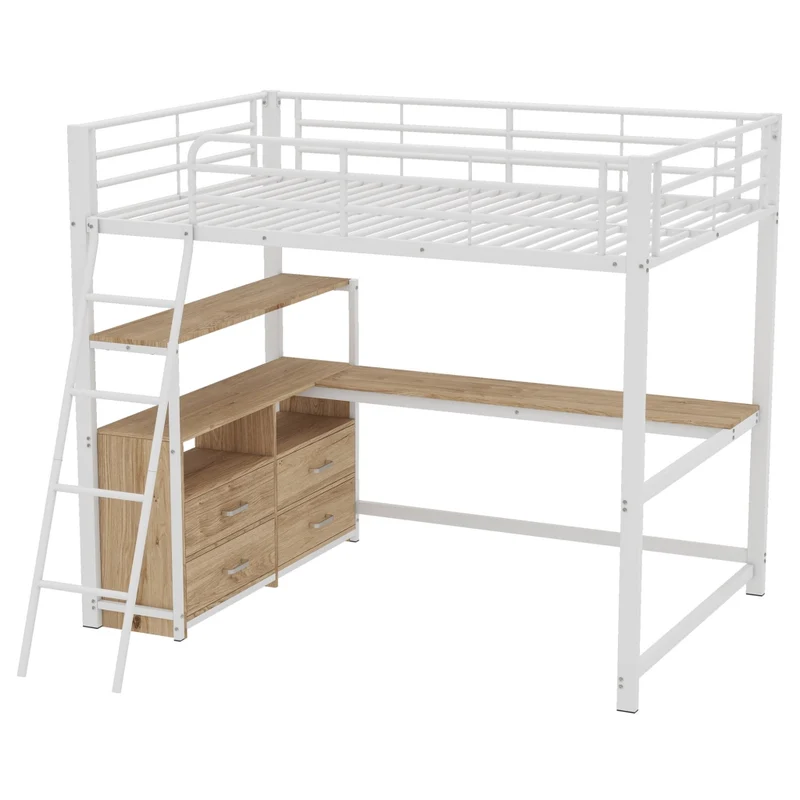 Letto a soppalco 140x200 con scrivania; 4 cassetti; struttura in metallo e MDF bianco