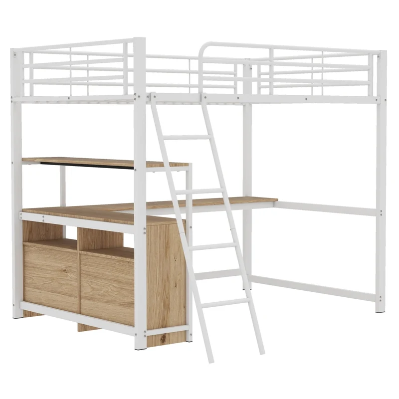 Letto a soppalco 140x200 con scrivania; 4 cassetti; struttura in metallo e MDF bianco