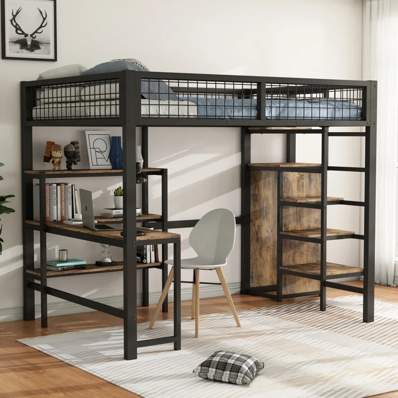 Letto a soppalco 140x200 con scrivania; armadio e scaffali; struttura in metallo e MDF nero e marrone