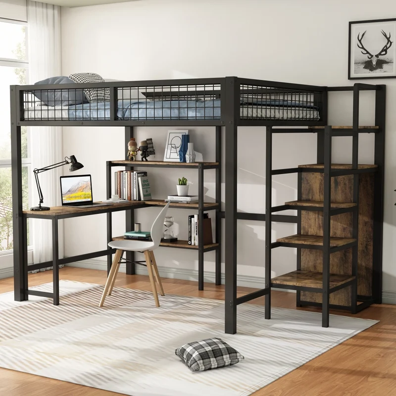 Letto a soppalco 140x200 con scrivania; armadio e scaffali; struttura in metallo e MDF nero e marrone