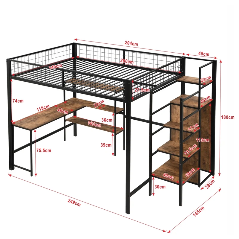 Letto a soppalco 140x200 con scrivania; armadio e scaffali; struttura in metallo e MDF nero e marrone