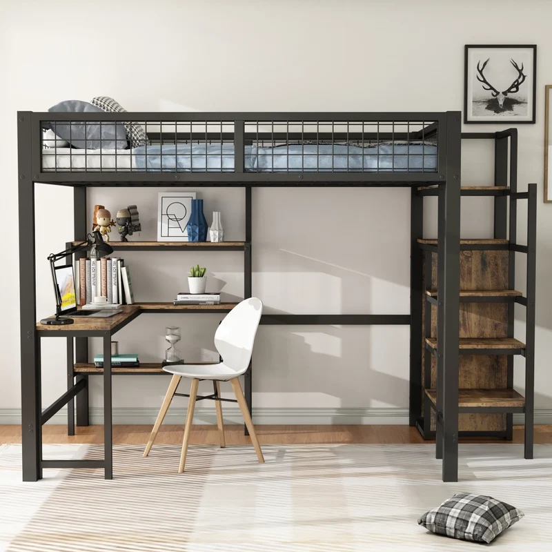 Letto a soppalco 140x200 con scrivania; armadio e scaffali; struttura in metallo e MDF nero e marrone