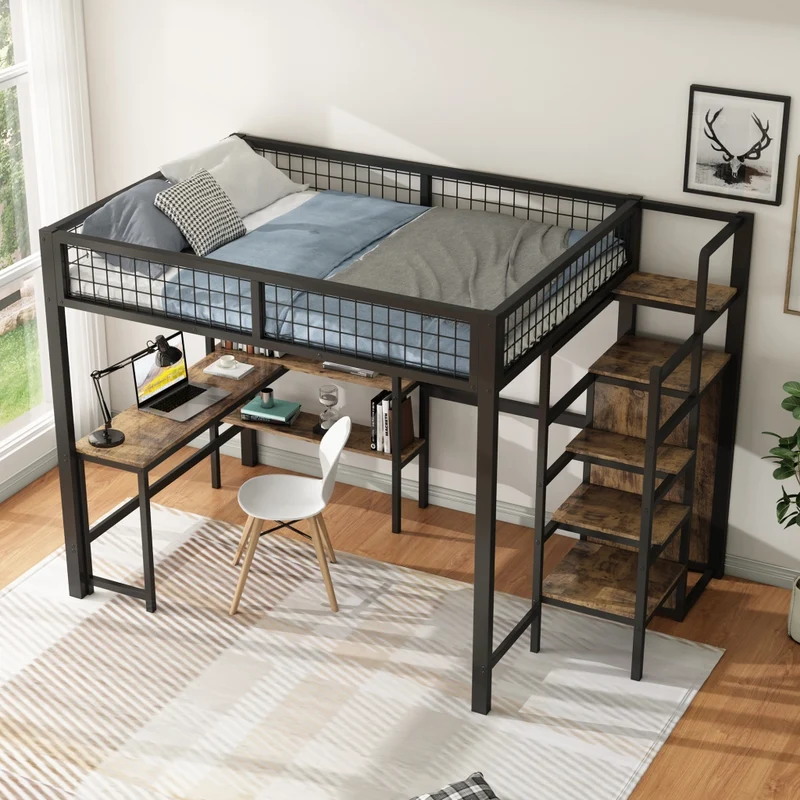 Letto a soppalco 140x200 con scrivania; armadio e scaffali; struttura in metallo e MDF nero e marrone