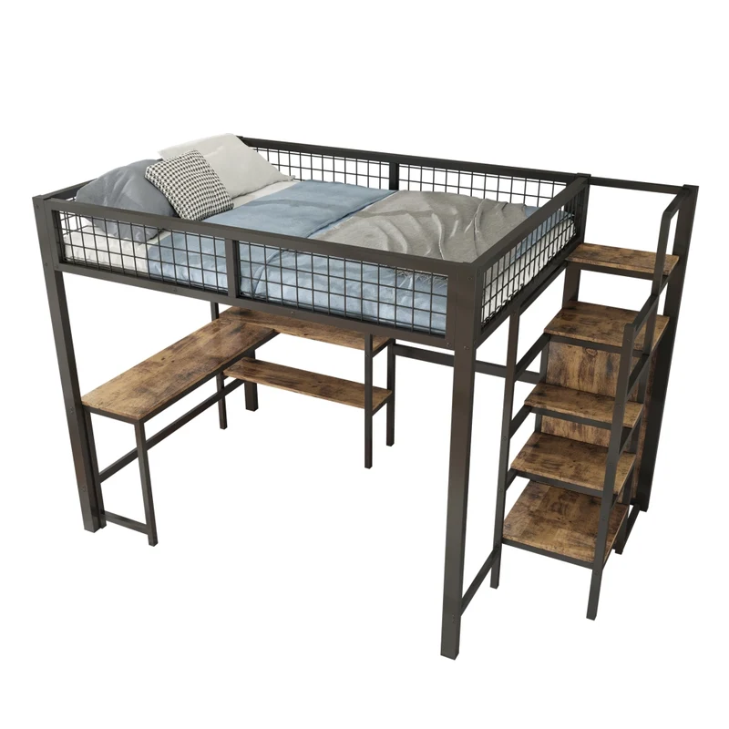 Letto a soppalco 140x200 con scrivania; armadio e scaffali; struttura in metallo e MDF nero e marrone