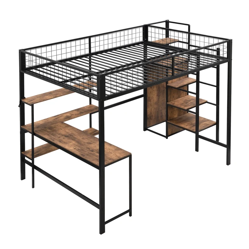Letto a soppalco 140x200 con scrivania; armadio e scaffali; struttura in metallo e MDF nero e marrone
