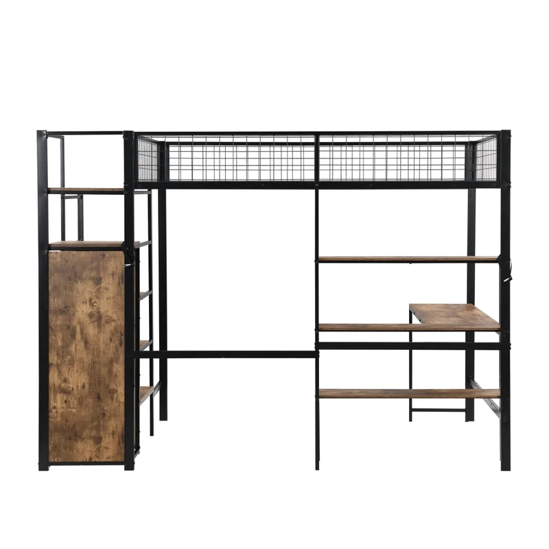 Letto a soppalco 140x200 con scrivania; armadio e scaffali; struttura in metallo e MDF nero e marrone