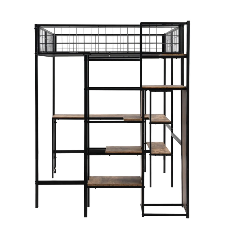 Letto a soppalco 140x200 con scrivania; armadio e scaffali; struttura in metallo e MDF nero e marrone