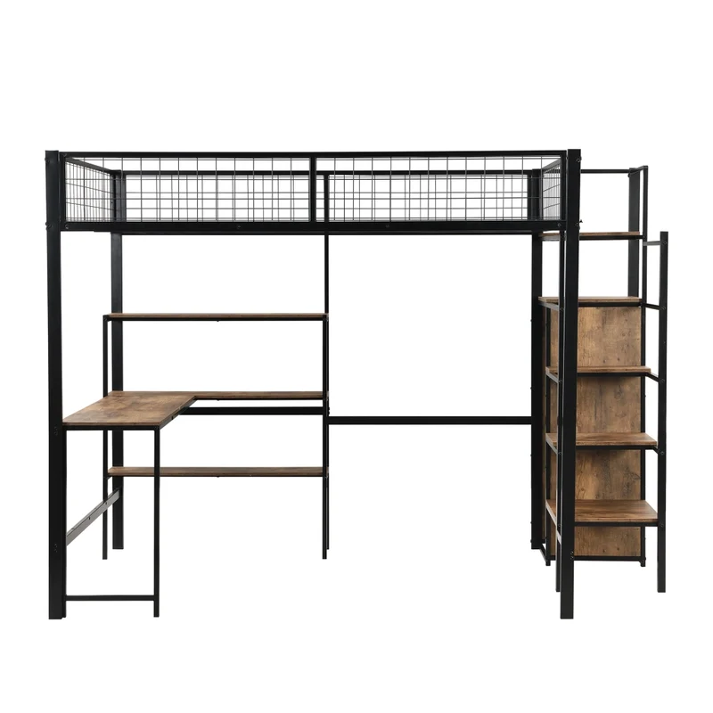 Letto a soppalco 140x200 con scrivania; armadio e scaffali; struttura in metallo e MDF nero e marrone