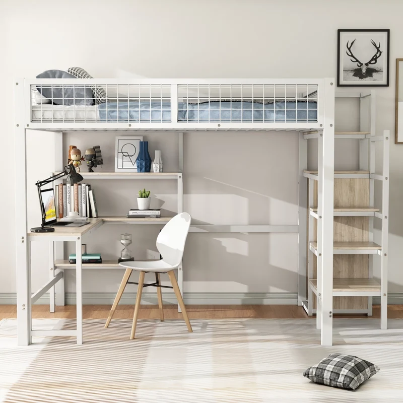 Letto a soppalco 140x200 con scrivania; armadio integrato e scaffali; struttura in metallo e MDF bianco
