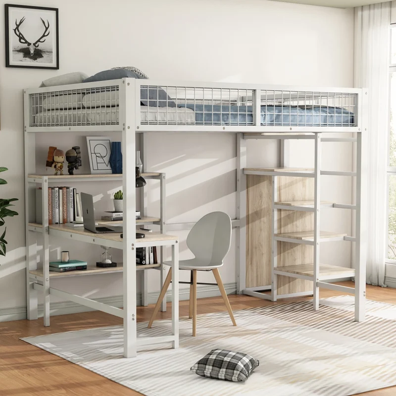 Letto a soppalco 140x200 con scrivania; armadio integrato e scaffali; struttura in metallo e MDF bianco