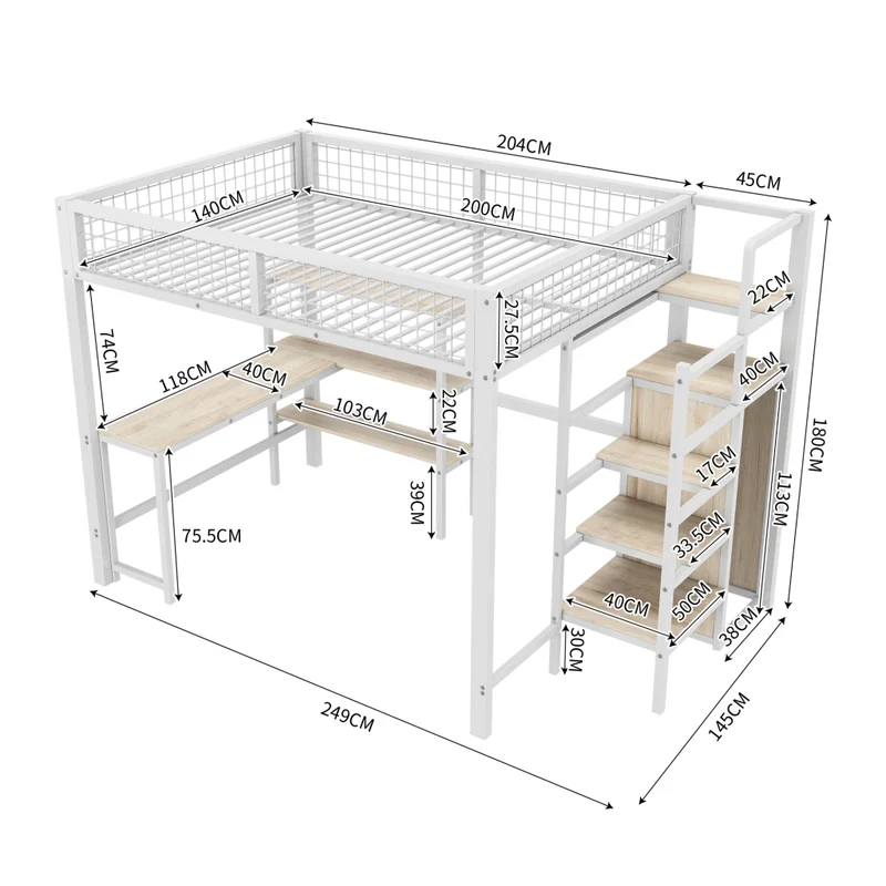 Letto a soppalco 140x200 con scrivania; armadio integrato e scaffali; struttura in metallo e MDF bianco