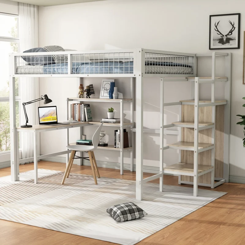 Letto a soppalco 140x200 con scrivania; armadio integrato e scaffali; struttura in metallo e MDF bianco