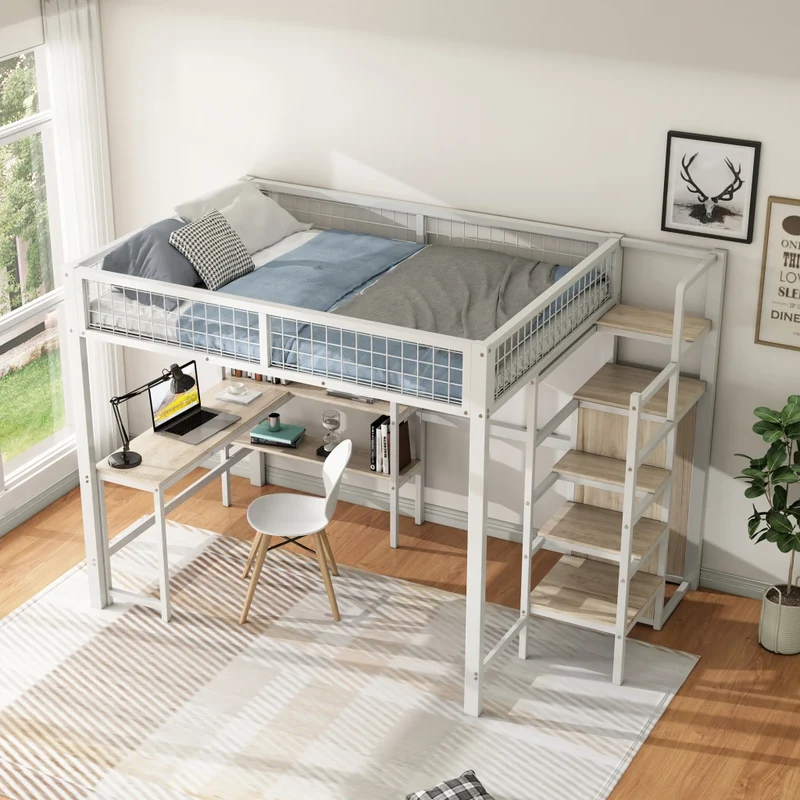 Letto a soppalco 140x200 con scrivania; armadio integrato e scaffali; struttura in metallo e MDF bianco