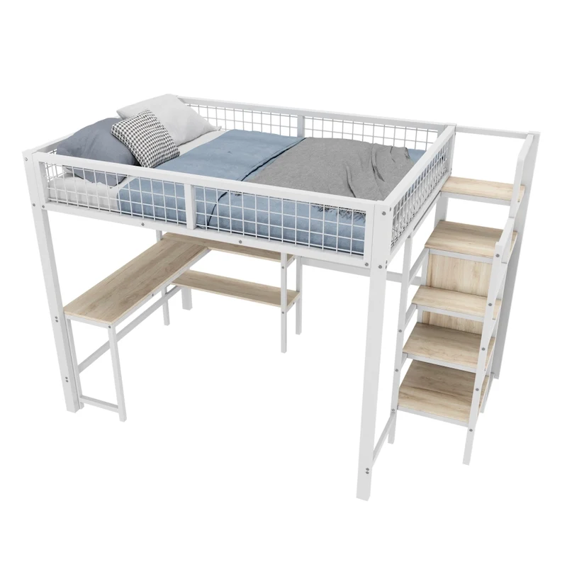 Letto a soppalco 140x200 con scrivania; armadio integrato e scaffali; struttura in metallo e MDF bianco