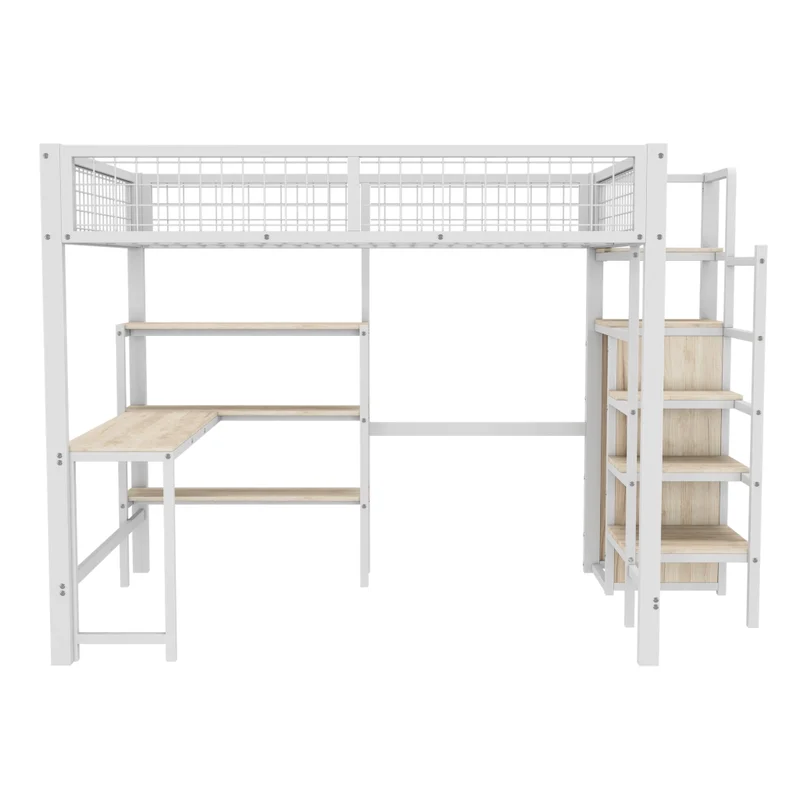Letto a soppalco 140x200 con scrivania; armadio integrato e scaffali; struttura in metallo e MDF bianco