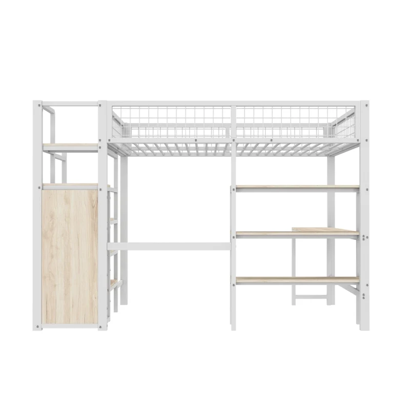 Letto a soppalco 140x200 con scrivania; armadio integrato e scaffali; struttura in metallo e MDF bianco
