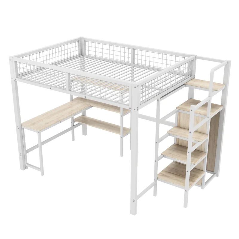 Letto a soppalco 140x200 con scrivania; armadio integrato e scaffali; struttura in metallo e MDF bianco