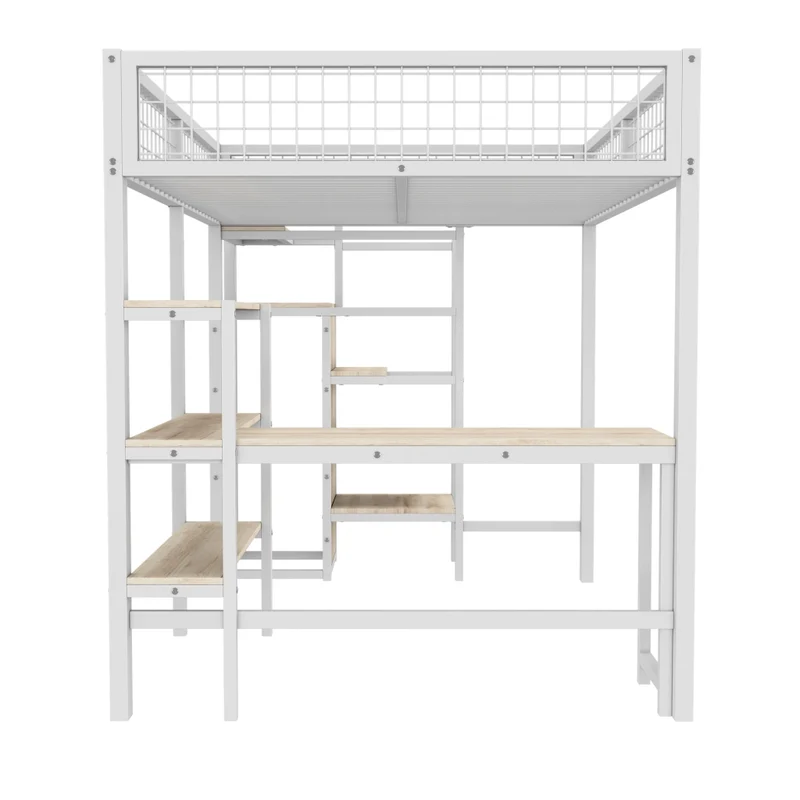 Letto a soppalco 140x200 con scrivania; armadio integrato e scaffali; struttura in metallo e MDF bianco