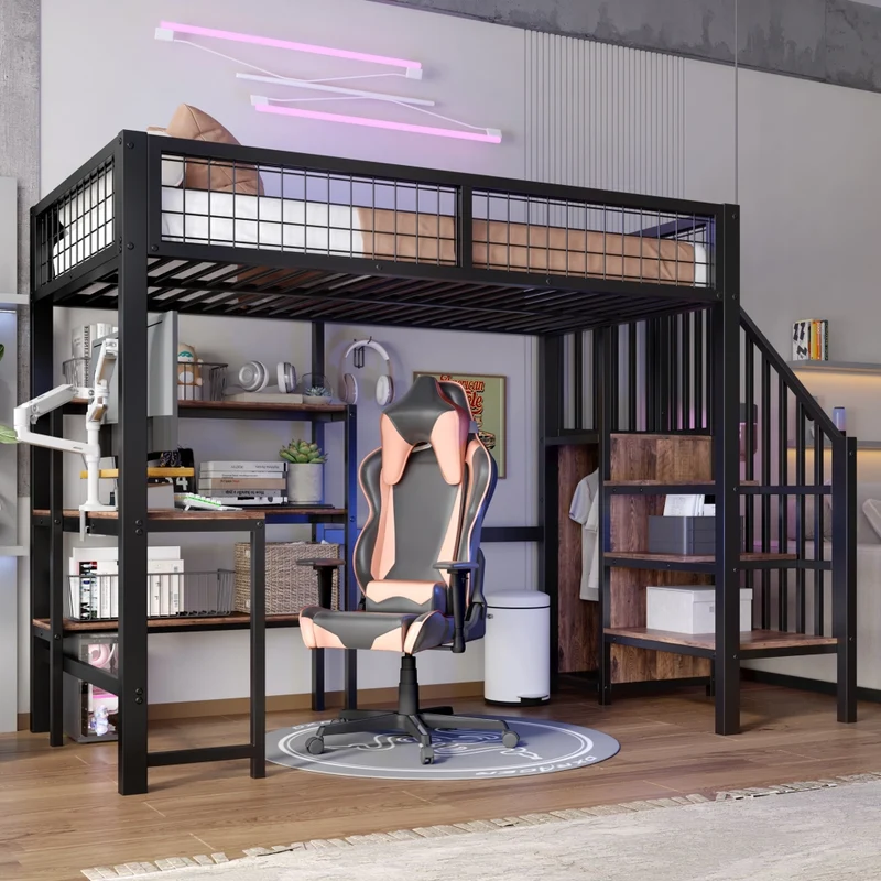 Letto a soppalco 90x200 con scrivania; armadio e scaffali in metallo e MDF nero e marrone