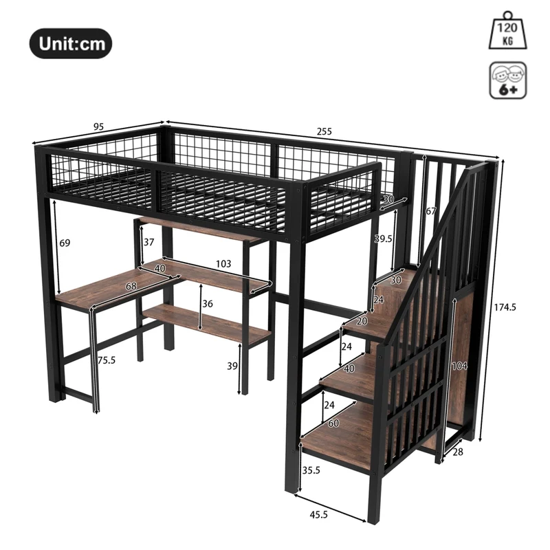 Letto a soppalco 90x200 con scrivania; armadio e scaffali in metallo e MDF nero e marrone