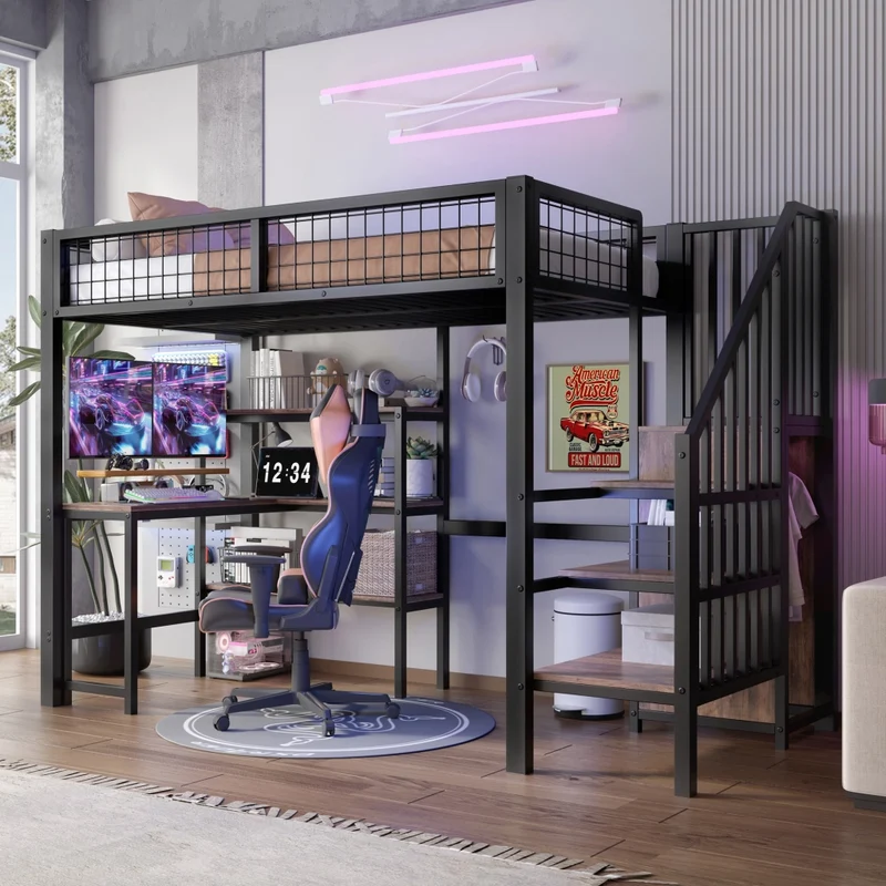 Letto a soppalco 90x200 con scrivania; armadio e scaffali in metallo e MDF nero e marrone