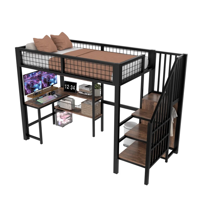 Letto a soppalco 90x200 con scrivania; armadio e scaffali in metallo e MDF nero e marrone